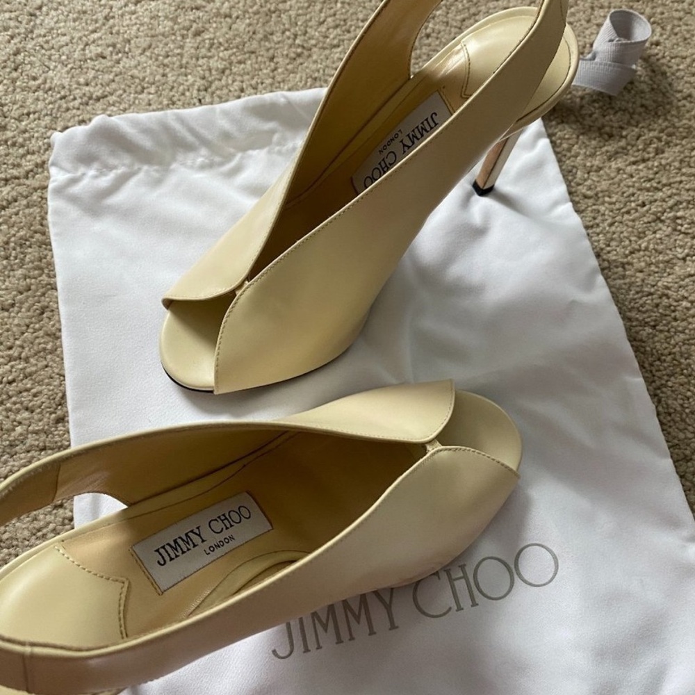 Jimmy Choo Shar Peep Toe Leather Slingback Pumps Stiletto Heel Natural Linen - Picture 5 of 8